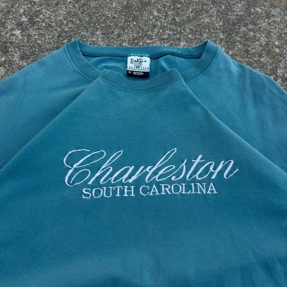 Vintage 90s Anvil Charleston South Carolina Script Tee Made in USA Teal XL (c1)